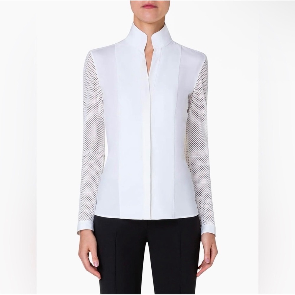 Akris Punto Elements Mesh Sleeve Blouse Cream High Neck US 16